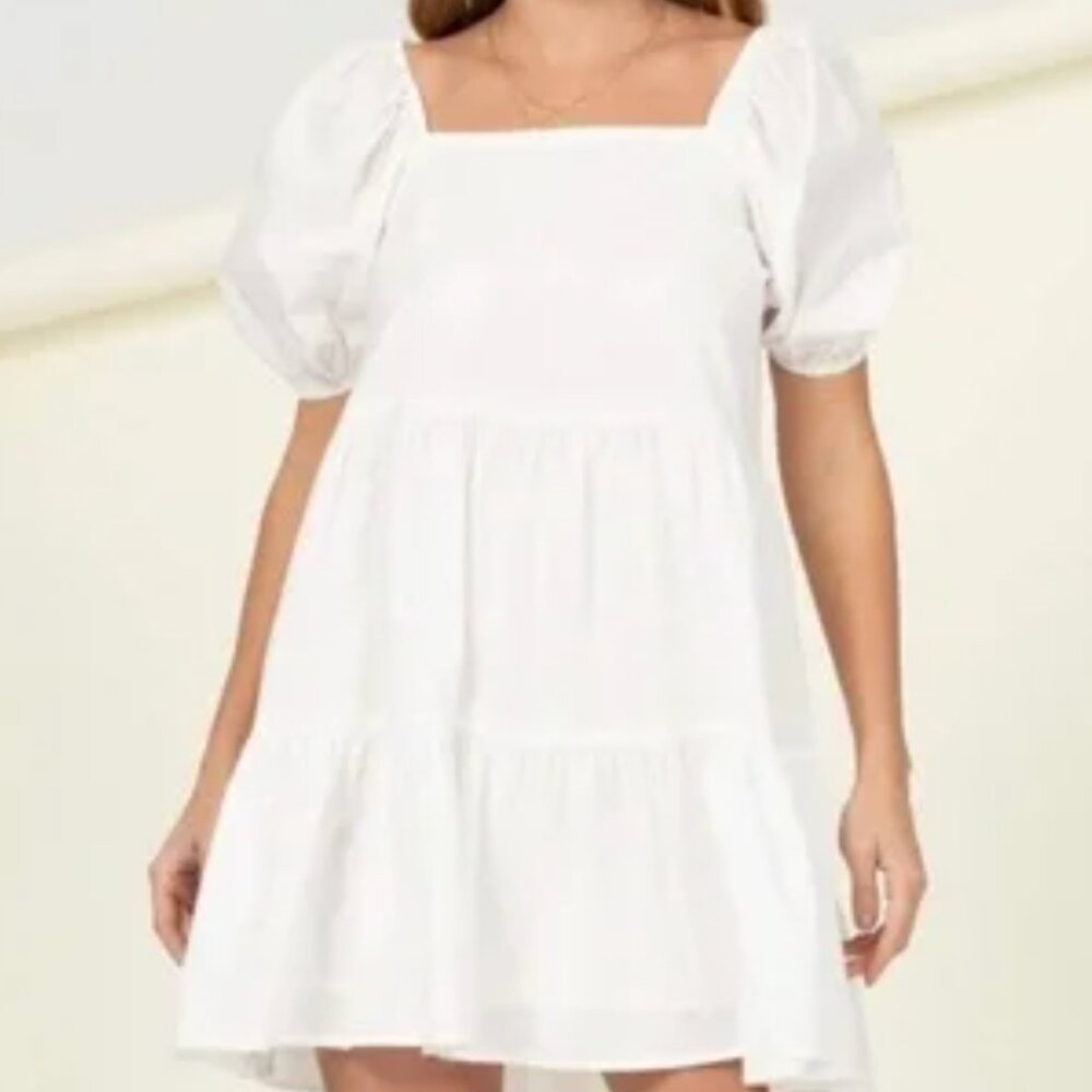 BRIDAL - White Square Neck Puff Sleeve Dress